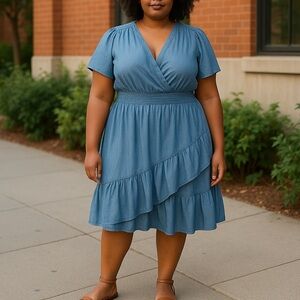 MICHAEL Michael Kors Tiered Faux-Wrap Fit Flare Dress Light Cadet Wash 1X